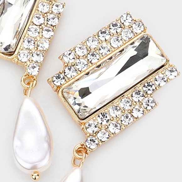 Gold Freshwater Pearl Beaded Crystal Dangle Earrings Drop Rectangle Teardrop - Picture 2 of 2